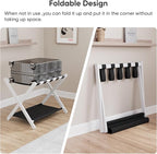 Smuxee White Bamboo Luggage Rack Pack of 2, Foldable Suitcase Stand with Storage Shelf, Easily Assembled Luggage Stand with 5 Nylon Straps for Guest Room Bedroom Hotel