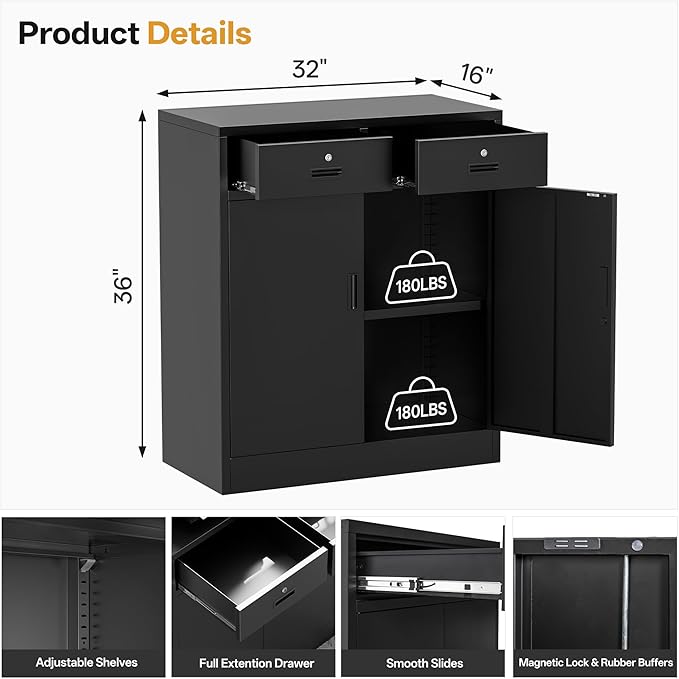 Storage Cabinet, 36 Inch Tall Metal Storage Cabinet with Doors and Shelves, Metal Cabinet with Drawers, Pantry Cabinets for Kitchen Storage, Garage Cabinet for Living, Dining Room.