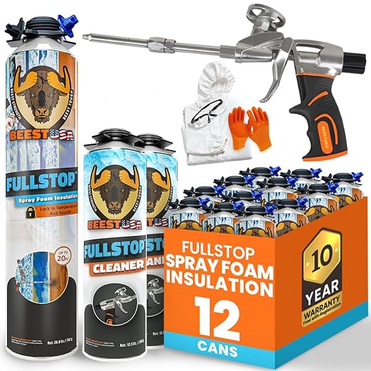 BEEST FullStop Spray Foam Insulation Kit for Walls and Attic - 240 Board ft/sq.ft. Perfect Heat & Acoustic Insulation for Reduced Energy Bills - 12x Spray Foam Can, 2X Cleaner, Pro X Gun & Safety Gear