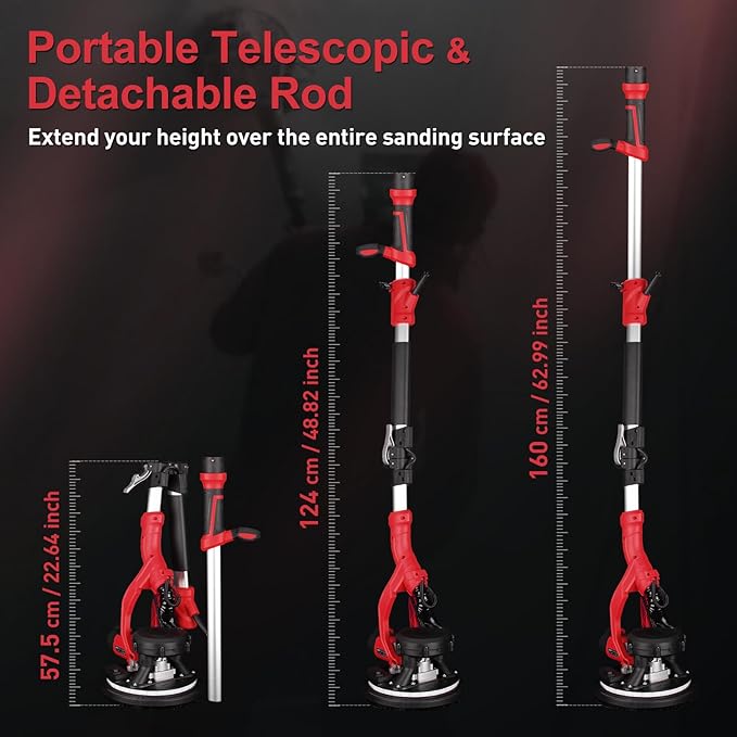 Drywall Sander, 1000W Popcorn Ceiling Removal Tool, Foldable Automatic Drywall Sander with Vacuum Dust Collection, LED Light, 6 Variable Speed 800-2200RPM,15Pcs Sanding Discs (Red）