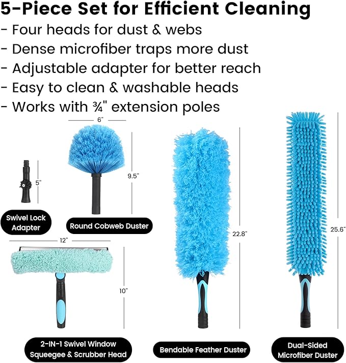 Ceiling Fan Duster Kit – 5-in-1 Bendable & Dual-Sided Heads – Washable Dusters for High Ceiling, Fans, Corners, Glass – Fits Standard ¾ Pole – Blue Cleaning Set