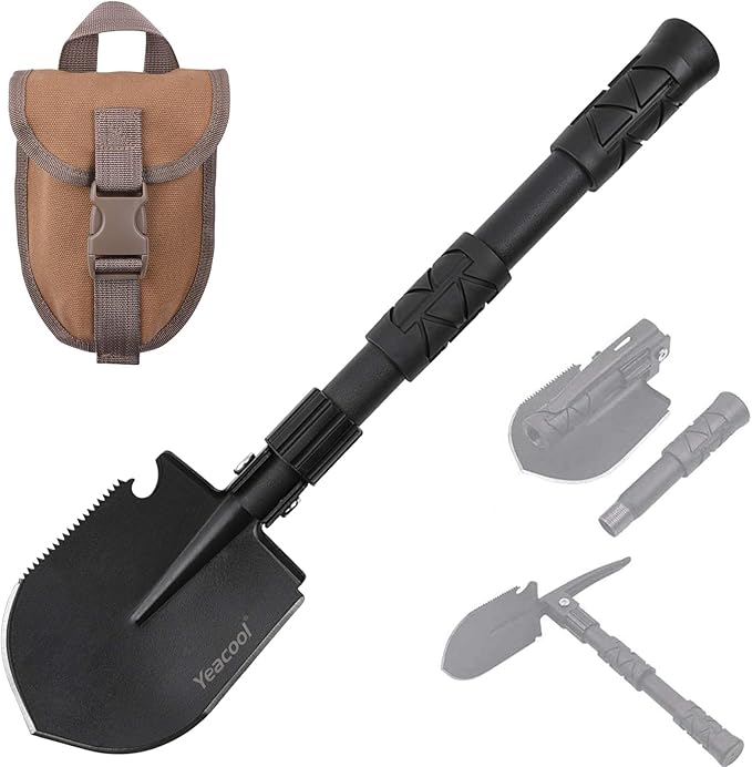 Folding Survival Shovel Multi-Tool, Heavy-Duty Military Entrenching Tool with Pickaxe, Collapsible Spade for Disaster Recovery, Car Emergency, Metal Detecting, Camping, Digging, and Gardening