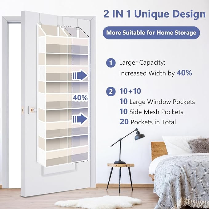 Heavy Duty Over The Door Organizer 5 Tiers, Extra Large Behind Door Storage of 10 Big Front & 10 Mesh Pockets, 80lb Weight Capacity, Doors Organizer Hanging for Closet Bathroom Bedroom Nursery, Beige