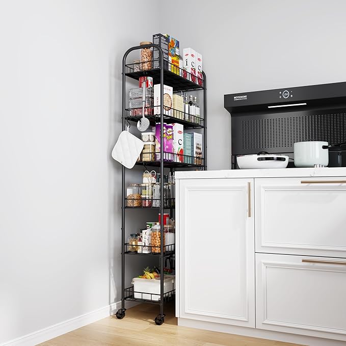 6 Tier Slim Storage Cart with Wheels, Metal Mobile Shelving Unit Organizer Utility Cart for Office Bathroom Kitchen Laundry Room Narrow Places (10inches)