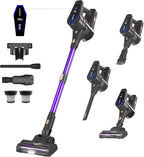Cordless Vacuum Cleaner, 450W/45KPA Self-Standing Stick Vacuum, Lightweight Handheld Vacuum with LED Screen, Rechargeable Vacuum for Home, Hardwood, Carpets, Pet Hair, Car (Purple)