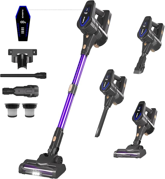 Cordless Vacuum Cleaner, 450W/45KPA Self-Standing Stick Vacuum, Lightweight Handheld Vacuum with LED Screen, Rechargeable Vacuum for Home, Hardwood, Carpets, Pet Hair, Car (Purple)