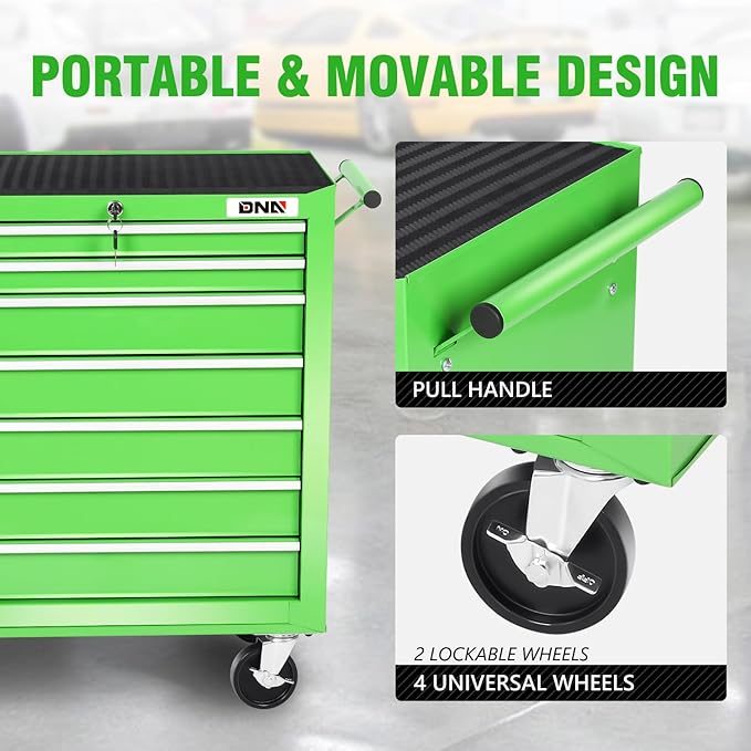 DNA MOTORING 7-Drawer Rolling Tools Chest, Rolling Tool Storage Cabinet, Heavy Duty Mechanic Tool Cart, Trolley Organizer for Garage, Warehouse, Workshop, Green, TOOLS-00399