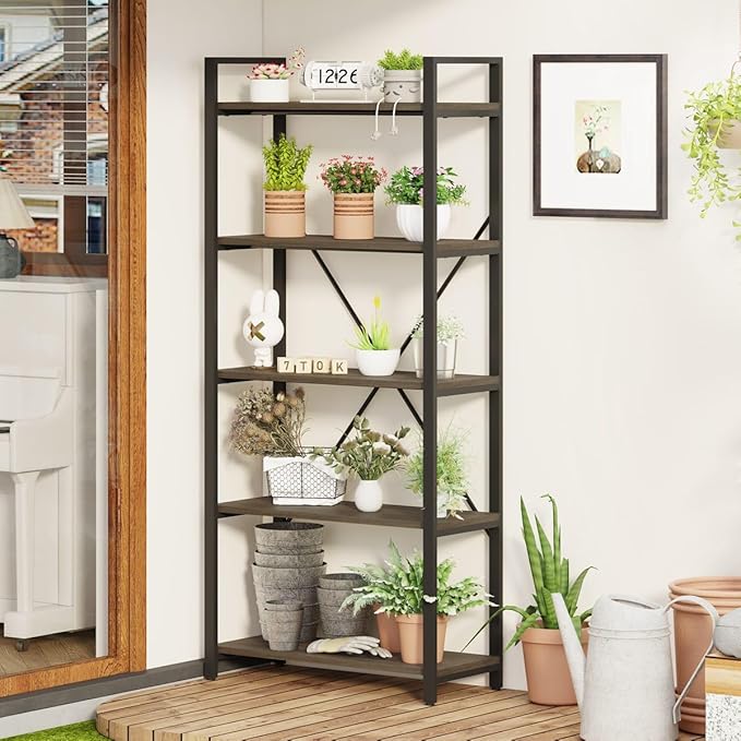 FATORRI 5 Tier Industrial Bookshelf, Rustic Etagere Bookcase for Display, Vintage Shelving Unit Wood and Metal Tall Book Shelves for Home Office (Walnut Brown)
