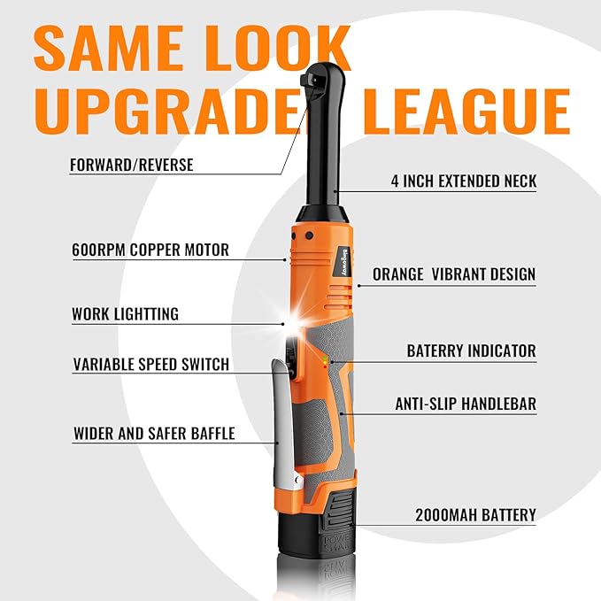 3/8" Extended Electric Ratchet Wrench Set, 45ft-lbs(61N.m) 16V Cordless Long Neck Power Ratchet Wrench Kit with 2pcs Batteries, LED Light, 9 Sockets, Toolbox, Variable Speed, For Housework, Car Repair