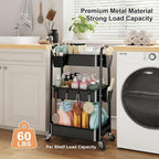 3 Tier Metal Rolling Cart with Lockable Wheels, Heavy Duty Three Tiered Baby Cart Organizer on Wheels, Black Utility Storage Trolley Carts for Art, Craft, Snack, Nursery, Diaper,Cleaning Supplies,Mesh