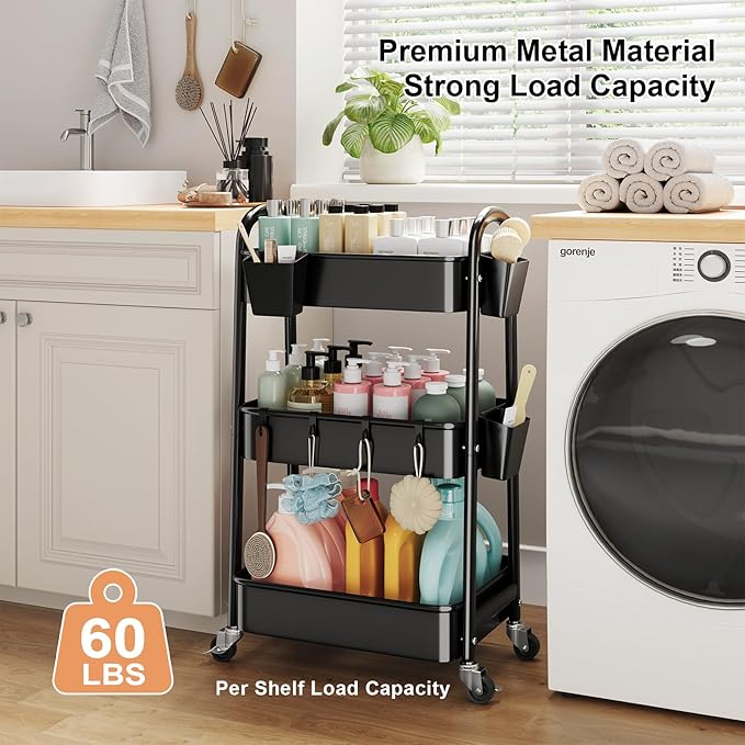 3 Tier Metal Rolling Cart with Lockable Wheels, Heavy Duty Three Tiered Baby Cart Organizer on Wheels, Black Utility Storage Trolley Carts for Art, Craft, Snack, Nursery, Diaper,Cleaning Supplies,Mesh