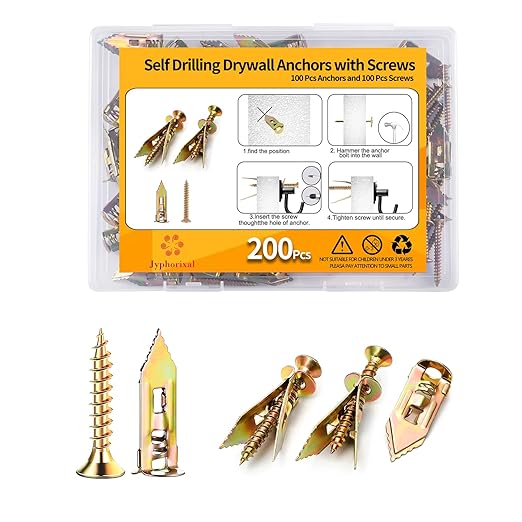200 PCS Drywall Self Drilling Anchors with Screws Kit,100 PCS Sheetrock Anchors (0.47X1.18inch) and 100 PCS Screws, Eliminating The Need for Drilling or Punching Holes in The Wall.