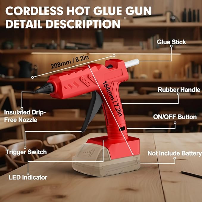 Cordless Hot Glue Gun for Milwaukee 18V Battery, 60W Full Size Heavy Duty Glue Gun, Handheld Hot Glue Gun Kit with 30pcs 0.43'' Glue Sticks for Home Repair Arts Crafts DIY (Battery Not Include)