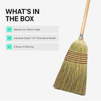 Corn Broom with Wood Handle Heavy Duty Indoor Outdoor Broom (1 1/4 Inch Handle)