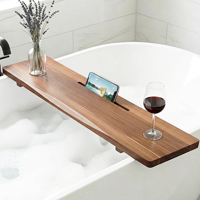 Acacia Wood Bathtub Tray Caddy for Freestanding Tub, 35 Inch Adjustable Bath Tray for Tub, Luxury Spa Bathroom Tray Organizer Table, Bath Tub Accessories for Women, Housewarming, Birthday Gifts