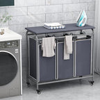 LINZINAR 3 Bag Laundry Basket Sorter Heavy Duty Rolling Lockable Wheels Laundry Hamper Cart with Ironing Board and Removable Bags, Grey
