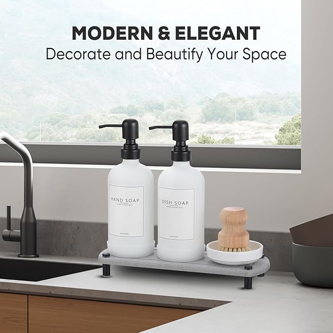 Kitchen Soap Dispenser Set with Instant Dry Tray,16 Oz Hand and Dish Soap White Glass Dispenser Set,Stainless Steel Pump,Waterproof Labels,Dish Brush,Luxury Soap Bottle for Kitchen,Bathroom