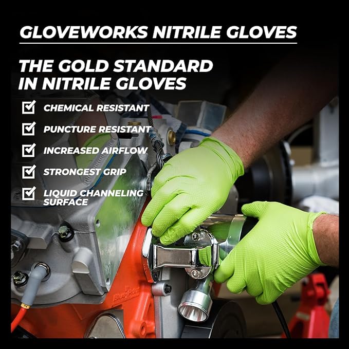 GLOVEWORKS HD Green Gloves, 8 Mil Nitrile Disposable Heavy Duty Raised Diamond Grip Mechanic Glove, Bulk Purchasing Options