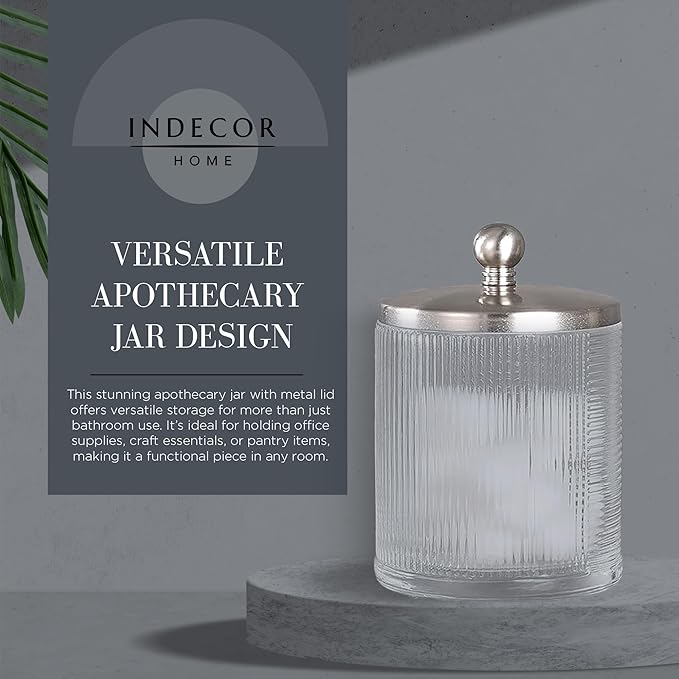 Clear Transparent Apothecary Ribbed Geometric Etched Glass Jar W/Satin Nickel Metal Lid for Bathroom Organization, Cotton Balls, Q Tips, and Small Accessories, Bathroom Storage