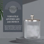 Clear Transparent Apothecary Ribbed Geometric Etched Glass Jar W/Satin Nickel Metal Lid for Bathroom Organization, Cotton Balls, Q Tips, and Small Accessories, Bathroom Storage