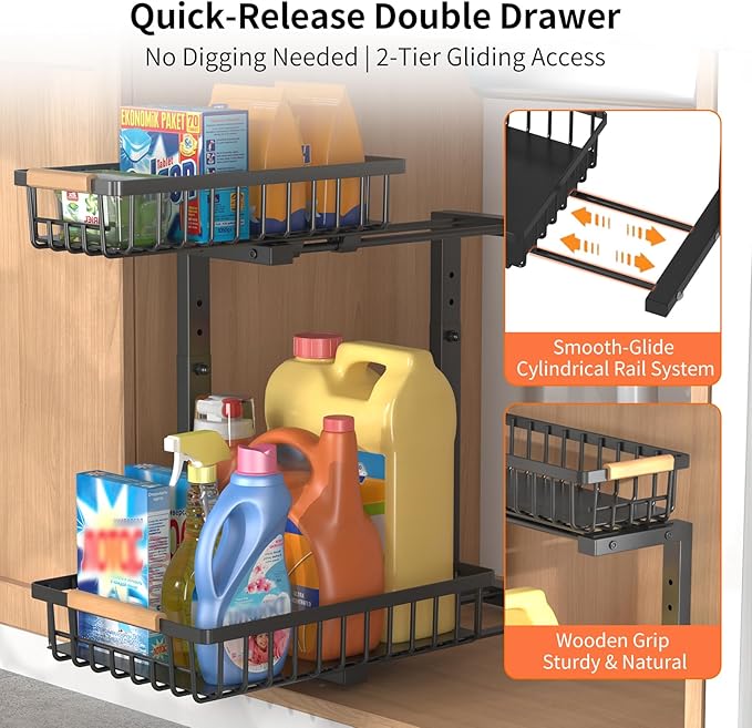 Under Sink Organizer, 2 Pack Under Sink Organizers and Storage, 2-Tier Pull Out Under Cabinet Organizer Storage Shelf, Metal Frame, Height Adjustable Rack for Bathroom Kitchen Pantry