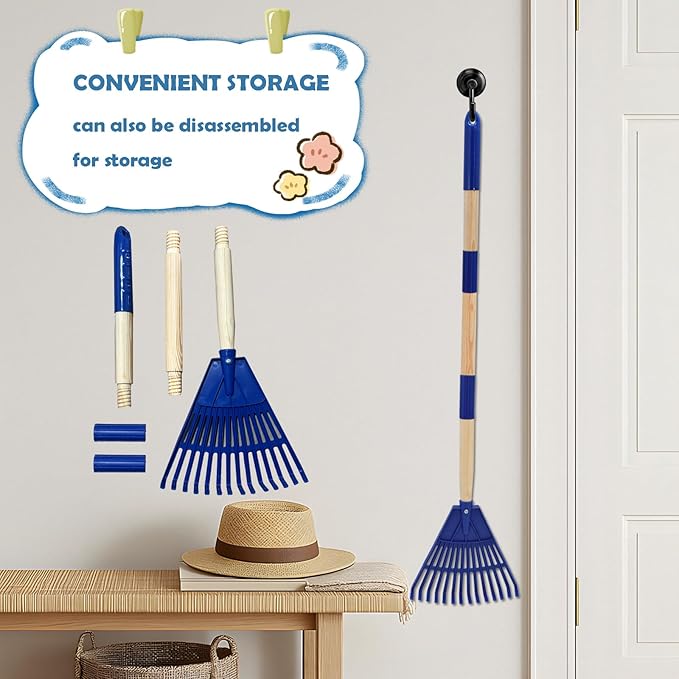 Kids Leaf Rake - 3-Section Adjustable Handle, Lightweight, Wood & Plastic, Small Garden Tool for Children (Blue)