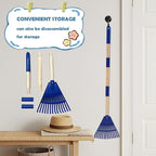 Kids Leaf Rake - 3-Section Adjustable Handle, Lightweight, Wood & Plastic, Small Garden Tool for Children (Blue)