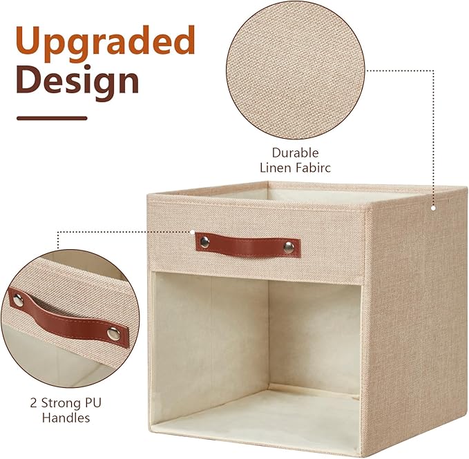 Storage Cube Organizer with Clear Window, Linen Collapsible Storage Boxes with PU Handles, Cube Storage Bins for Shelf, Closet, Cabinet, Bookcase (13x13x13, Khaki)