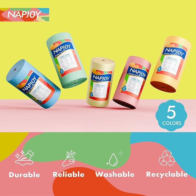 Napjoy Microfiber Cleaning Cloth Roll, 75PK Easy Tear Away Reusable Paper Towels, 12" x 12", Ultra Soft Micro Fiber Dish Cloths for Kitchen, Housekeeping, Window, Car, Garden, Bathroom, Blue