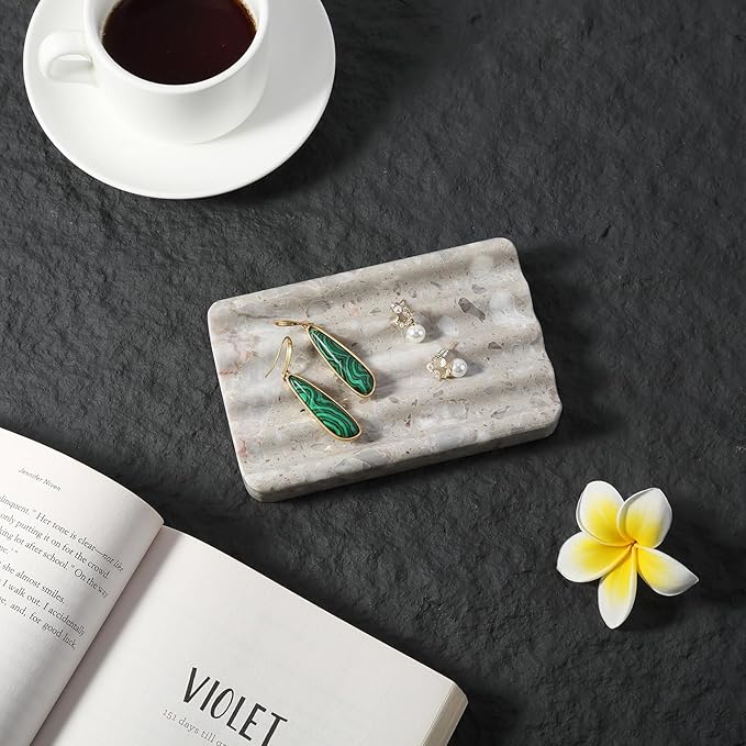 Soap Holder for Bathroom, Grey Marble Soap Dish for Kitchen Countertop, Soap Tray with Creative Wavy Design, Soap Saver for Bath Tub, Sponges, Italian Natural Stone