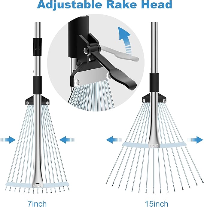 Garden Rake for Leaves, Heavy Duty Metal Adjustable Leaf Rake for Lawns, Length 37"-81", Adjustable Expandable Head 8"-15", Garden Tools for Lawn Garden Yard Flowers Beds Bush