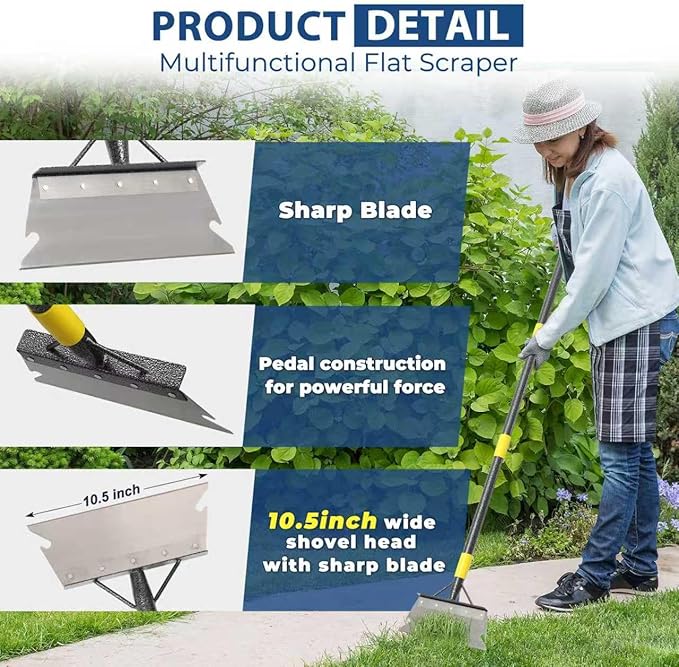 74" Garden Flat Scraper, Multifunctional Cleaning Shovel, Heavy Duty Manual Weeder Metal Floor Scraper Garden Tool for Lawn Digging, Weeding, Scraping, Ice Remove, Edging