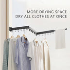 Clothes Drying Rack Wall Mounted, Laundry Drying Rack Collapsible, Space Saving Wall Drying Rack Clothing Foldable, Tri-Fold Retractable Rack Outdoor Indoor with 18 Hooks(Black，Loop-Shape Hooks)