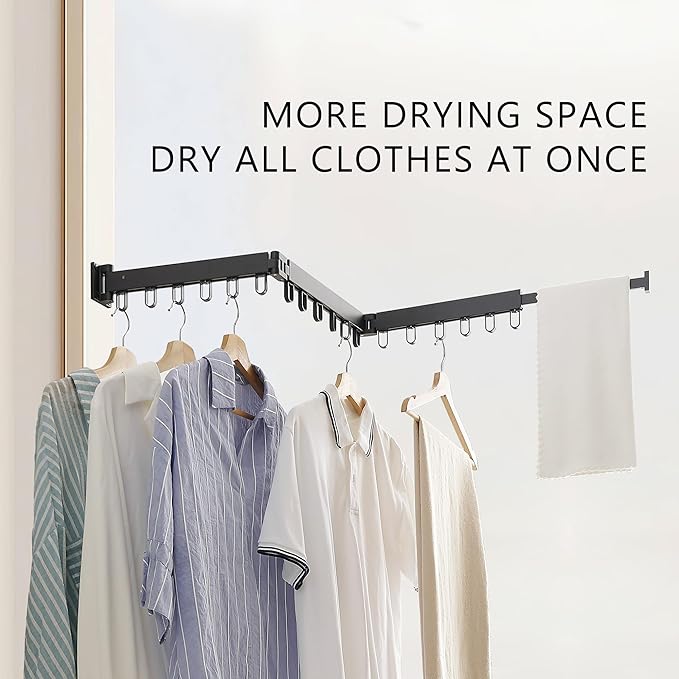 Clothes Drying Rack Wall Mounted, Laundry Drying Rack Collapsible, Space Saving Wall Drying Rack Clothing Foldable, Tri-Fold Retractable Rack Outdoor Indoor with 18 Hooks(Black，Loop-Shape Hooks)