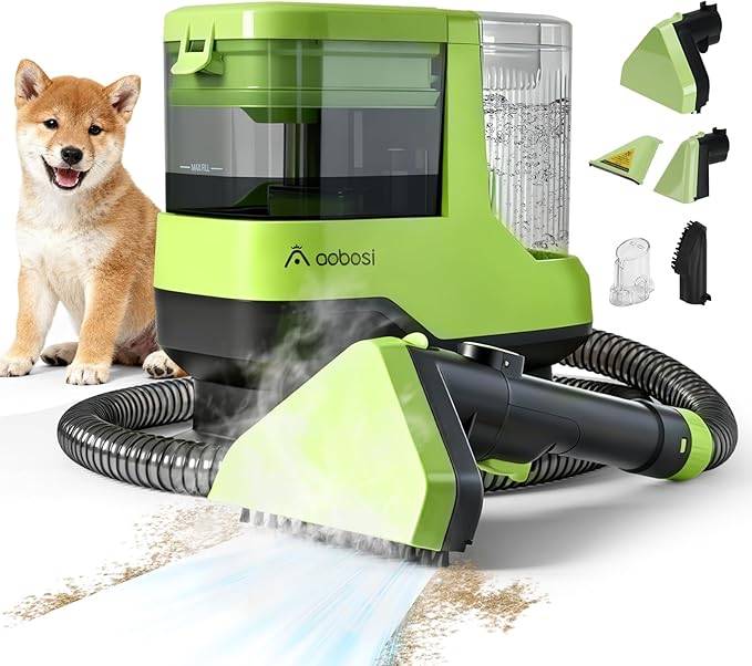 AAOBOSI Portable Carpet Cleaner Machine, 17Kpa Upholstery Steam Cleaner with Smart Voice Prompting, Self-cleaning, 4 Tools for Pets, Car, Couch and Stairs- C688, Green