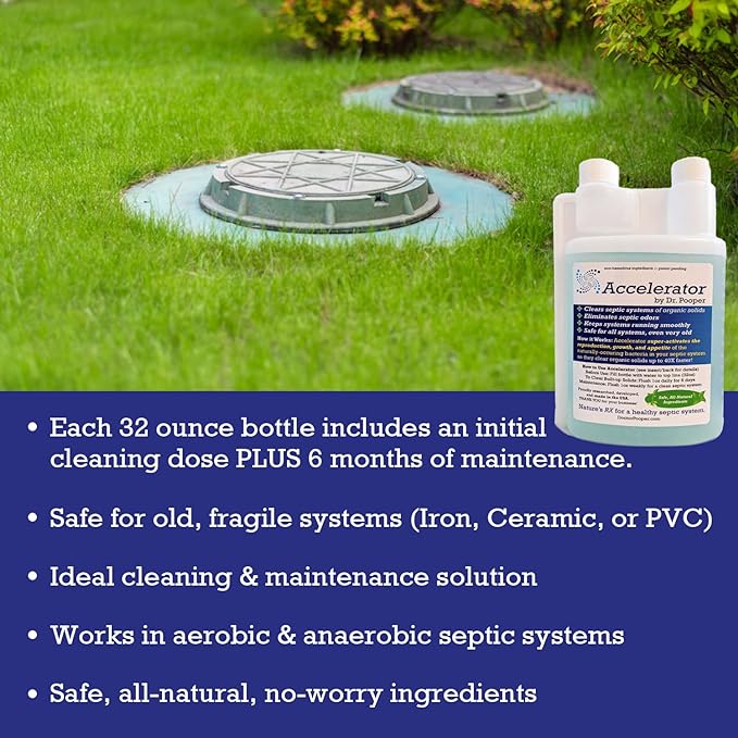 Dr. Pooper Accelerator Septic Tank Treatment - Environment-Friendly Septic System Maintenance Liquid - Eliminates Odors - Clears Organic Solids in Tanks & Drain Fields - Safe for All Septic Systems