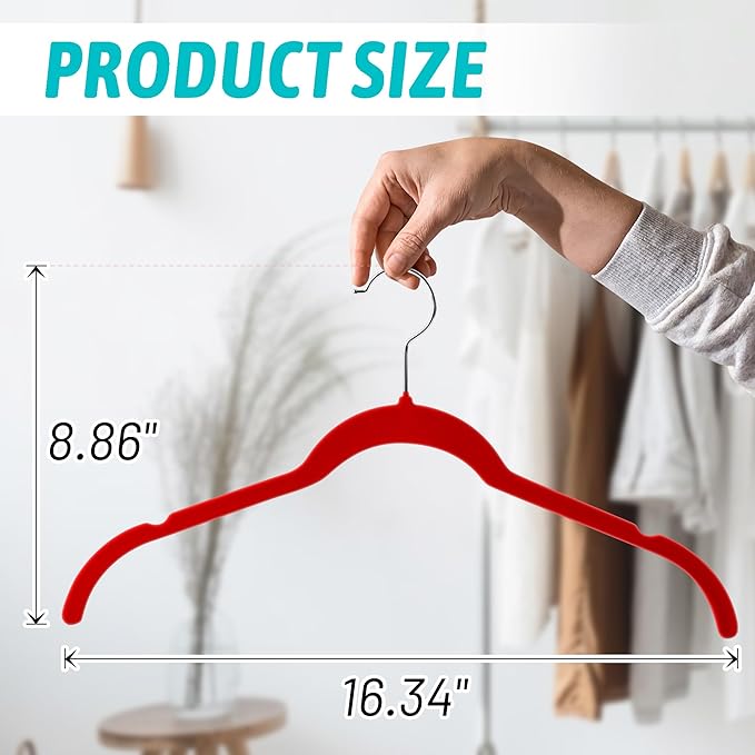 Sishynio Velvet Hangers 50 Pack – Slim Non-Slip Flocked Hangers with 360° Swivel Hook, Space-Saving Closet Organizer for Dresses, Blouses, Coats(Red)
