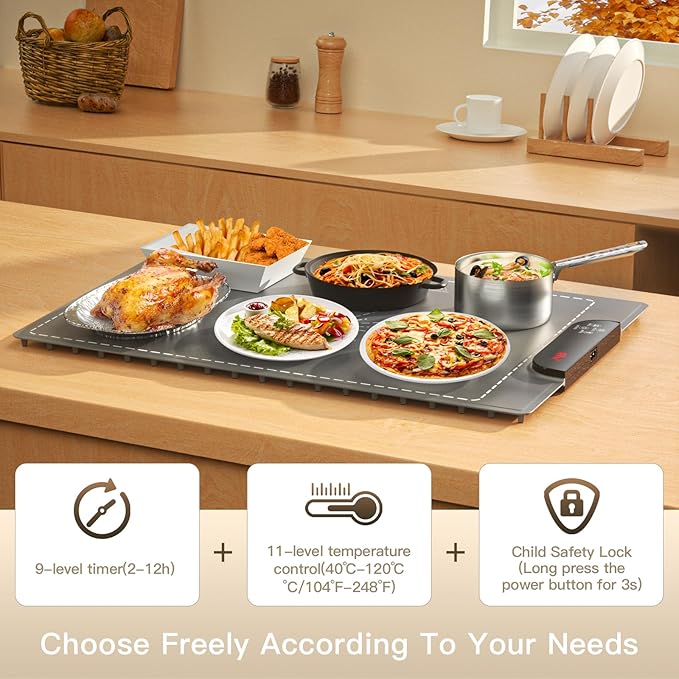 Electric Warming Tray, Full Surface Heating, Rollable & Portable, Premium Silicone Nano-Material, 248°F Temperature Settings,Auto Shut-Off, Versatile Food Warmer for Gatherings, Parties, Everyday Use