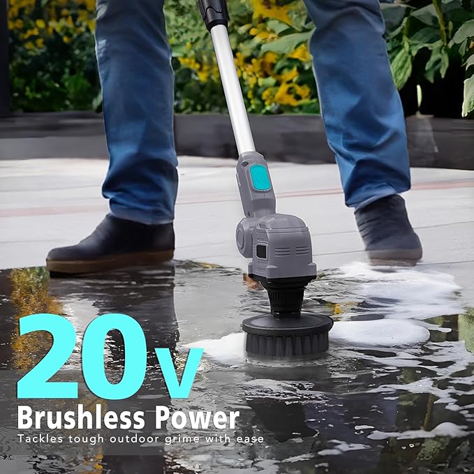 20V Outdoor Electric Brushless Spin Scrubber, Cordless Spin Scrubber with Replaceable Brush Heads and Battery, Power Cleaning Brush for Outdoor, Bathroom Stone, Tile Floor,Grout,Grooves