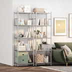Sakugi Storage Shelves - Set of 2, 5-Tier Metal Shelf Organizer, Space-Saving Garage Shelving with Leveling Feet, Standing Shelves Organizer for Kitchen, Laundry, Pantry (18.4"x12.6"x57.4", Silver)