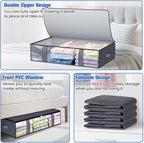 TasticTotes Under Bed Storage Containers, 2 Pack Blanket Storage Bags, Collapsible Storage Bags with Big Zippers, Clear Front, Shoe Storage and Organization for Clothes, Comforter, 60L, Grey