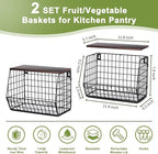 Wawocs Fruit Basket for Kitchen Counter 2 Tier Fruit Bowl, Stackable Wall Mounted Hanging Fruit Basket Wire Baskets with Wood Lid with 4 Banana Hanger Hooks, Onion Basket, Fruit and Vegetable Storage