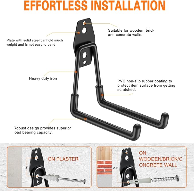 Heavy Duty Garage Hooks 10 Pack, 5.1 inch Medium U Shaped Hanger, Wall Mounted Storage System, Power and Garden Tool Organizer, for Hanging Ladders, Hose, Bulk Items and More