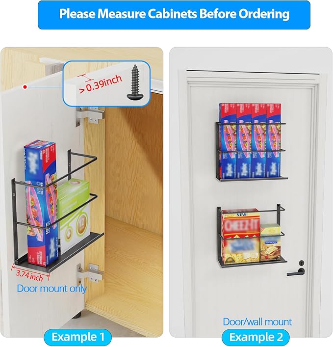 2 Pack Kitchen Wrap Organizer Door Mount, Aluminum Foil Holder Cabinet Door Organizer Cabinet Storage Basket for Kitchen Wrap/Food Bag Storage, Black