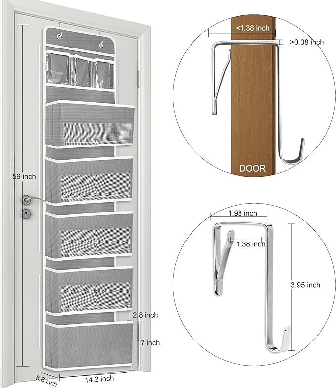 Over the Door Organizer Storage, 6 Shelf of Reinforcement Anti-Tilt Can Bear 44lb Bathroom Organization and Storage, Suitable for Bedroom, Pantry, kitchen, Grey