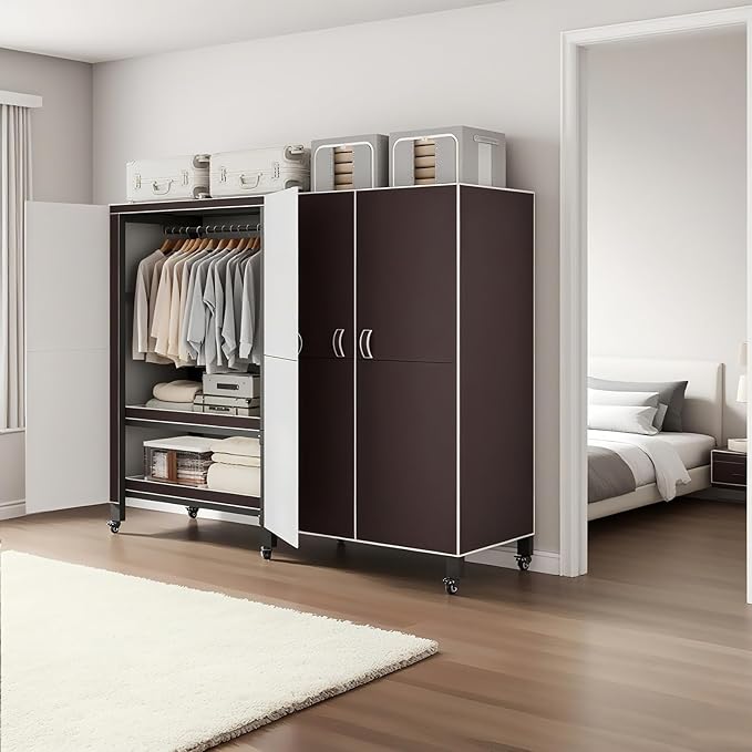 Foldable Portable Armoire Wardrobe Closet for Hanging Clothes Rack, Heavy Duty Covered Clothes Rack with Cover(HARDBOARD Magnetic), Closet Garment Rack for Bedroom Storage (KT Coffee, 59.05in)