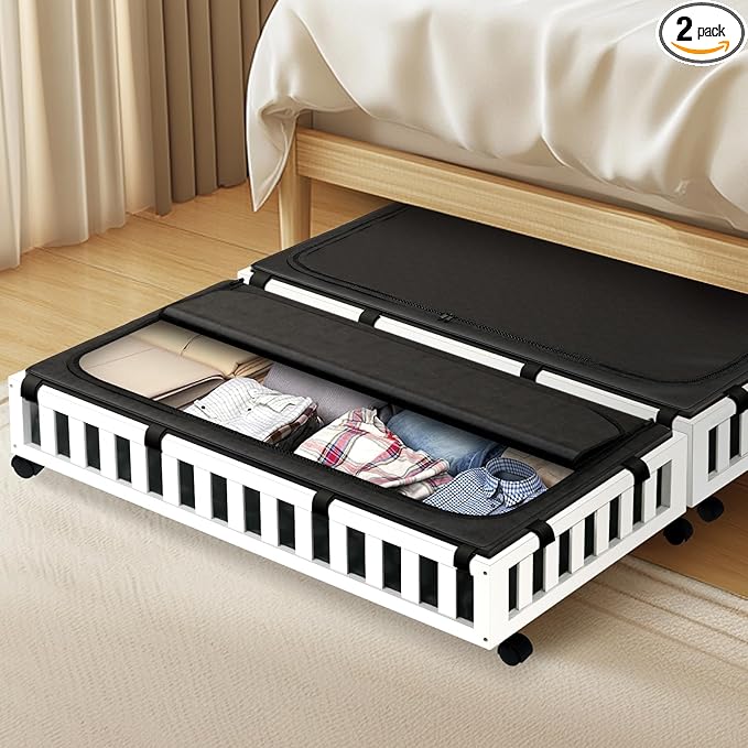 2 Pack Bamboo Under Bed Storage with Wheels, 39”x20”x7.8” Lager Under Bed Storage Containers (White)
