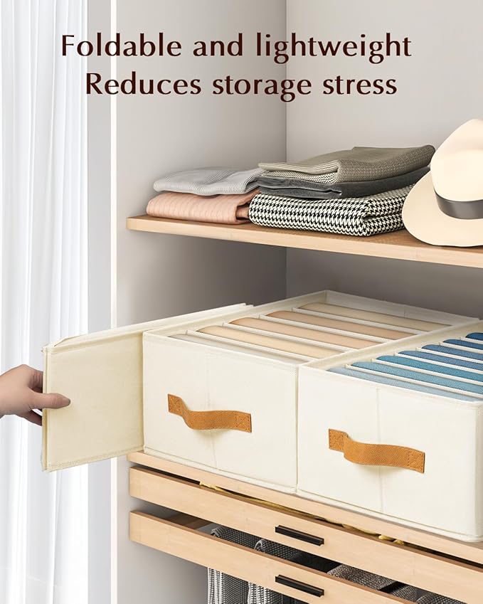 Clothes Organizers and Storage - 4/5/7 Grids Fabric Jeans Organizer with Handles, Foldable Closet Organizers Dividers, Wardrobe organizer for Pant, Sweater, T-shirt, Scarf, 6 Pack, Beige