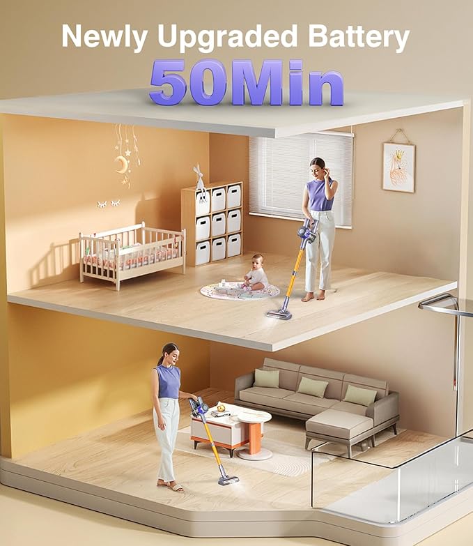 Cordless Vacuum Cleaner, 450W 40Kpa Powerful Stick Vacuum, Up to 50Mins Rechargeable Battery, Vacuum Cleaners for Home Anti-Tangled Lightweight Handheld for Hardwood Floor, Carpets, Pet Hair