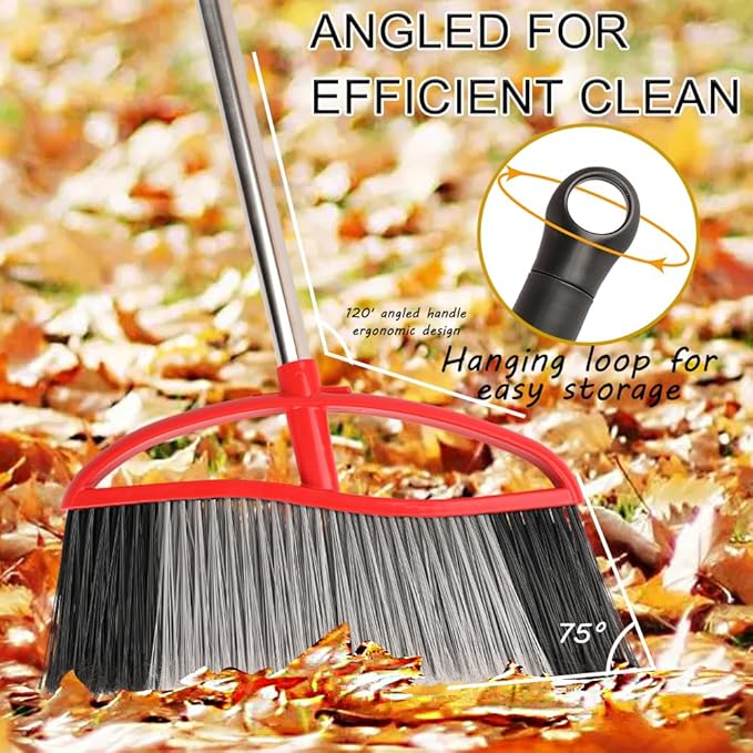 Outdoor Broom, 15.7" Wide Heavy Duty Angle Broom with Long Handle, Stiff Bristles for Sweeping Patio, Garden, Garage, Yard (Red), MULB36